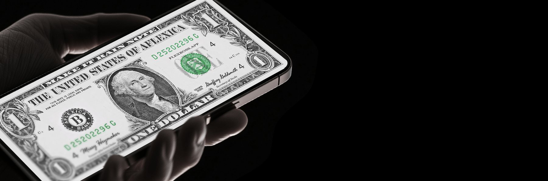 The FlexBoss one dollar note on a phone screen, held in one hand