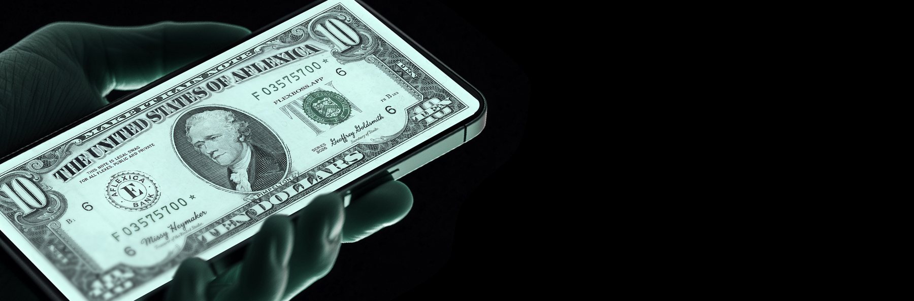 The FlexBoss ten dollar note on a phone screen, held in one hand