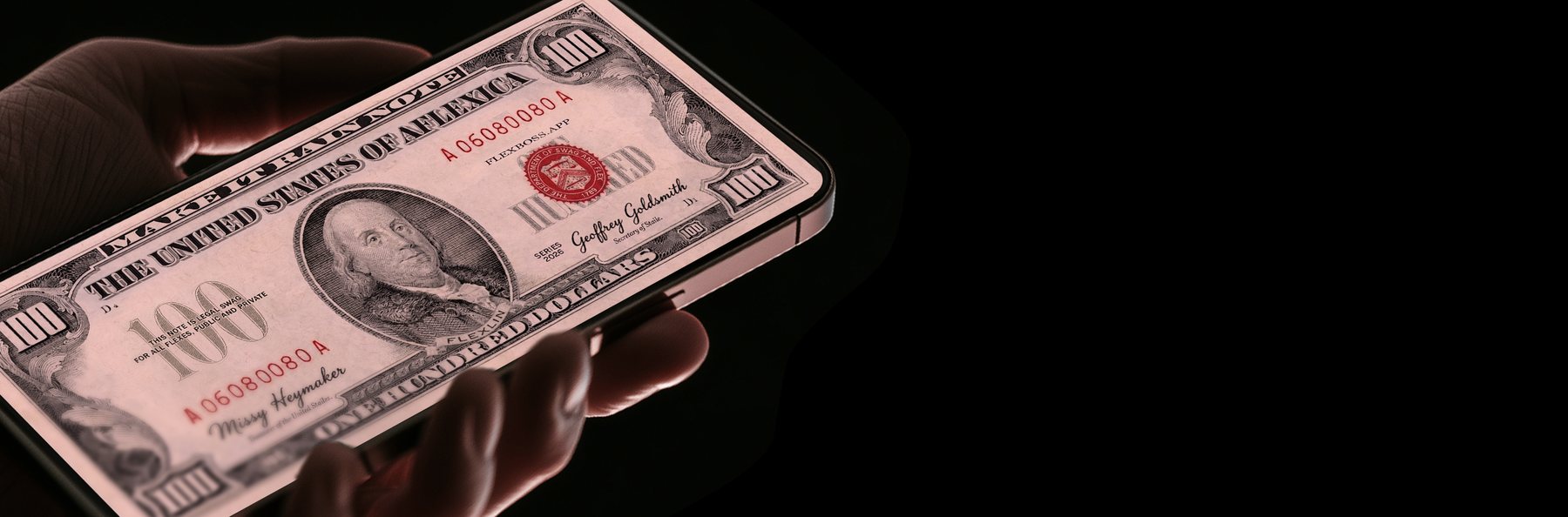 The FlexBoss hundred dollar note on a phone screen, held in one hand