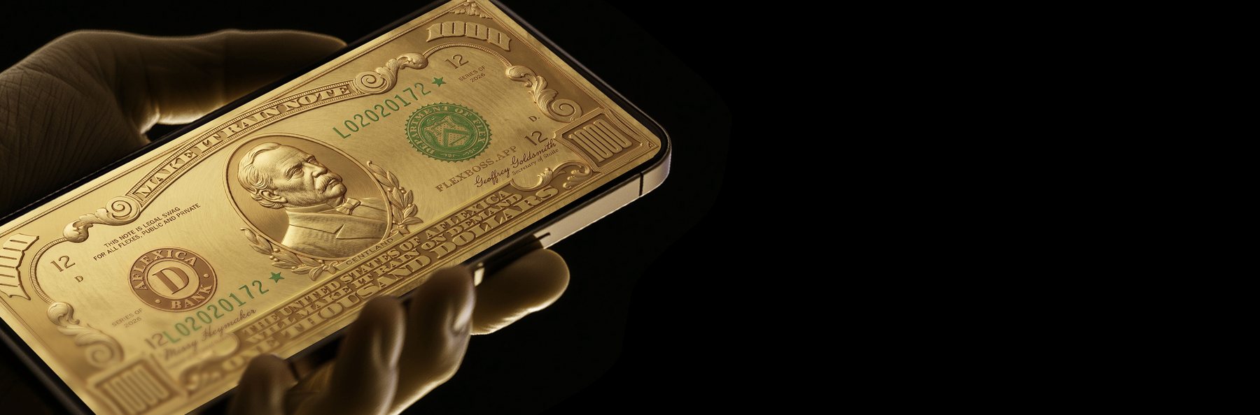 The FlexBoss thousand dollar note in gold on a phone screen, held in one hand